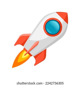 Rocket ship icon in flat style. Spacecraft takeoff on white background. Start up illustration. Vector design object for you project 