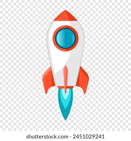 Rocket ship icon in flat style. Spacecraft takeoff on transparent background. Start up illustration. Vector design object for you project 