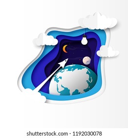 Rocket ship icon flying to light bulb on night sky with business concept paper art abstract background.Vector illustration.