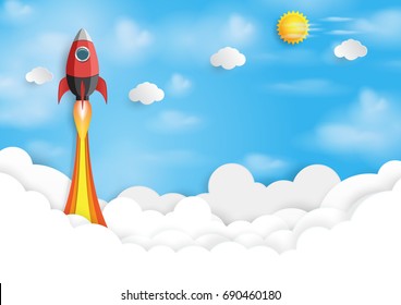 Rocket ship icon into blue sky.Business start up concept design paper art style.Vector illustration.