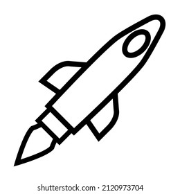 rocket ship icon. Isolated on white. Flat line icon. Vector illustration with flying rocket. Space travel.