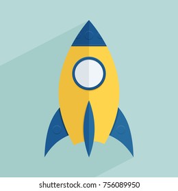 Rocket ship icon isolated over blue. Vector illustration