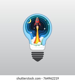 Rocket ship icon from light bulb paper art style design.Business startup concept.Vector illustration.