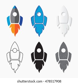 Rocket ship icon, vector set. Line design, silhouette, grunge design.