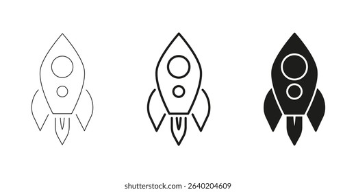 Rocket Ship Icons In Line, Outline, And Glyph Icon Set. Space Exploration And Innovation Symbol Collection. Technology, Startup, And Futuristic Themes. Isolated Vector Illustration.