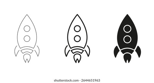 Rocket Ship Icons In Line, Outline, And Glyph Icon Set. Space Exploration And Innovation Symbol Collection. Ideal For Aerospace, Technology, And Startup Themes. Isolated Vector Illustration.