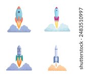 Rocket ship icons set cartoon vector. Rocket launch and fire flame. Aviation and space