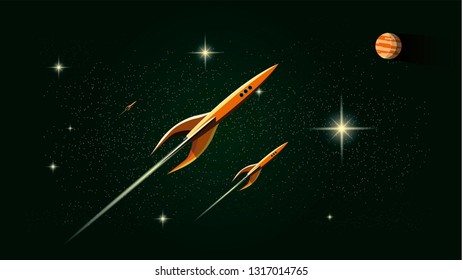 Rocket ship illustration art space cosmos stars poster