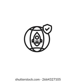 Ein Raketenschiff in einem Globus, geschützt durch ein Schild mit einem Häkchen. Stellt sichere globale Innovation oder Markteinführung dar.