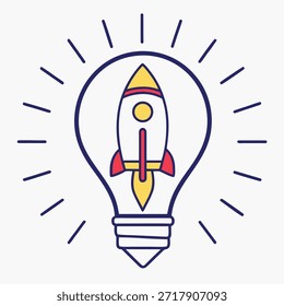 Cohete dentro de una bombilla con líneas a su alrededor que representan una idea que despega del concepto de innovación