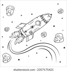 Rocket Ship Isolated Coloring Page for Kids. The rocket flies to the moon coloring book. Anti stress planet, earth and moon Vetor illustration in zentangle style. 65