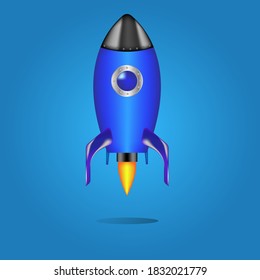 Rocket ship isolated on the blue background. Vector illustration in flat style. 