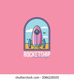 Rocket ship landing on the ground in sunny day emblem logo icon sign symbol design vector illustration