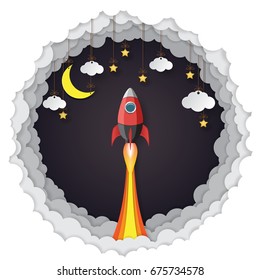 Rocket ship launch business concept.Hanging clouds,stars and moon paper art style on night background.Vector illustration.