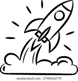 Rocket ship launch doodle vector icon in hand drawn line art style