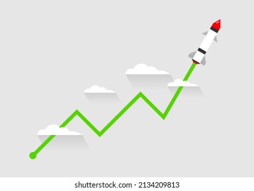 Rocket ship launch flying with green graph up on light gray background, concept business flat vector design.