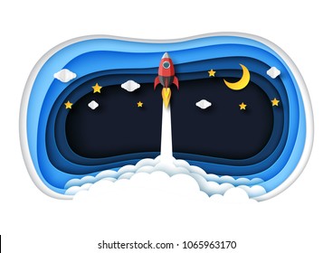 Rocket ship launch flying on blue abstract 3d hole paper layers with clouds,stars and moon.Paper art of business start up concept creative idea concept.Vector illustration.