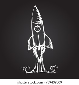 Rocket ship launch. Hand drawn, sketch, cartoon vector illustration. Chalk board drawing