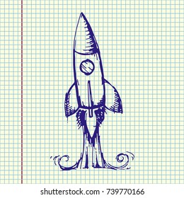 Rocket ship launch. Hand drawn, sketch, cartoon vector illustration. Sheet ball pen drawing