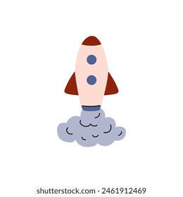 Rocket ship launch icon. Cartoon rocket space ship take off with spewing smoke flame vector flat illustration. Space technology, business startup concept