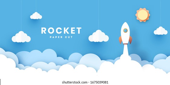 Rocket Ship Launch Icon Paper Art Style With Abstract Background. Start Up Business Concept Design.Vector Illustration