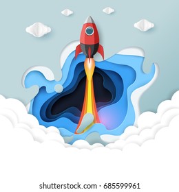 Rocket ship launch icon paper art style with abstract background.Start up business concept design.Vector illustration.