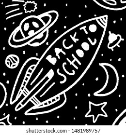 Rocket ship launch made with chalk - sketch on the blackboard, vector image. Back to school sign. White on black background. Comet, planet, moon, star.