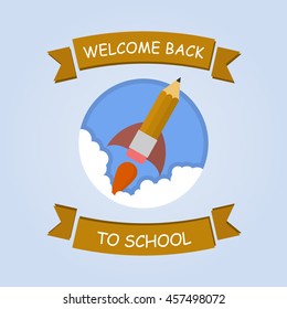 Rocket ship launch made with pencil. Vector colorful background with graduation concept in flat style for education. Back to school image.