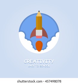 Rocket ship launch made with pencil. Vector colorful background with graduation concept in flat style for education. Back to school image. Creativity learning.