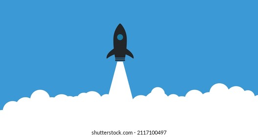 Rocket ship launch on blue background.
growth, creative idea.Business startup concept