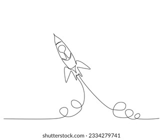Rocket ship launch outline. Continuous one line drawing of rocket space ship. Editable stroke.