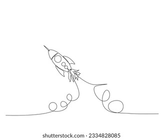 Rocket ship launch outline. Continuous one line drawing of rocket space ship. Editable stroke.