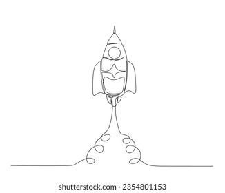 Rocket ship launch outline. Continuous one line drawing of rocket space ship. Editable stroke.