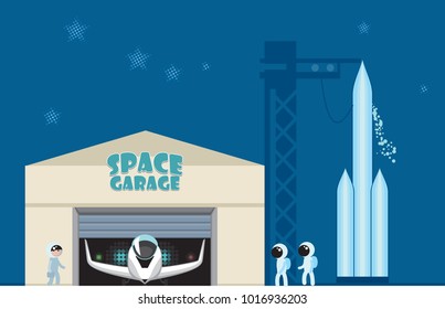 Rocket ship launch pad. Spaceport complex with astronauts and spaceships, preparing spacecraft for flight. Vector illustration