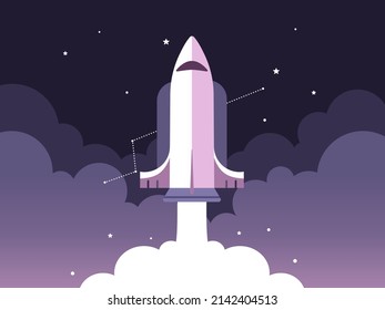 Lanzamiento de un cohete en el cielo que sobrevuela la ilustración de fondo del vector de nubes.