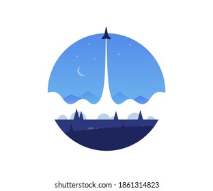 Lanzamiento de un cohete con humo, cielo, estrellas y luna. Idea creativa. Éxito. - ilustración de vector aislado editable