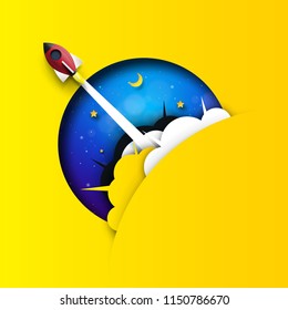 Rocket ship launch and space background.Business start up concept paper art style.Vector illustration.