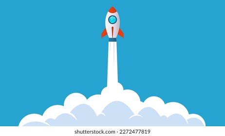 rocket ship launch to the space with blue sky and cloud background, startup vector illustration