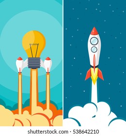 Rocket ship. Launch. Space travel. Start up. Creative idea, innovation. Flight to the moon.