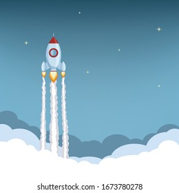 Rocket ship launch. Spaceship flies in the sky with stars. Vector illustration.