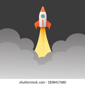 Rocket ship launch start flight vector flat cartoon illustration on dark background, missile flying up or take off quickly on black sky and flame clouds backdrop