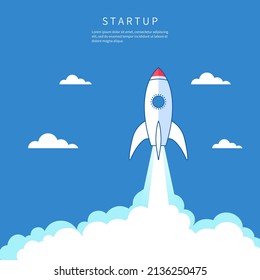 Rocket ship launch Startup background illustration. Concept of business product on market, startup, growth, creative idea. VECTOR EPS10.
