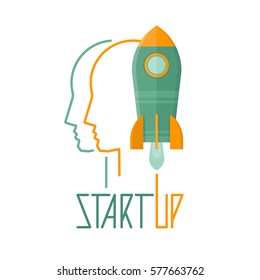 Rocket ship launch. Startup business concept. Start Up. Flat style, vector illustration.