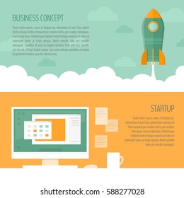 Rocket ship launch. Startup business concept. Start Up banner. Workplace banner. Flat style, vector illustration.