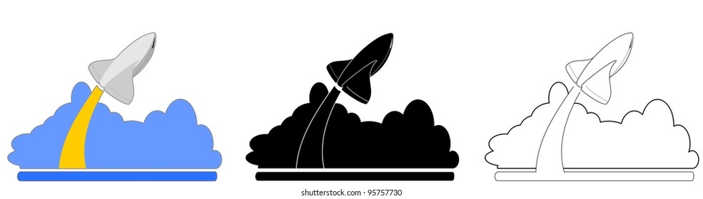 rocket ship launching with cloud of vapor.  Three views in black, white and color.