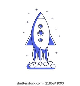 Rocket ship launching to cosmos. Aerospace shuttle travel, expedition. Future rocketship, spaceship flight. Space tourism concept. Line art flat vector illustration isolated on white background