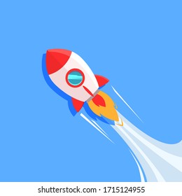 Rocket ship launching, flat rocketship startup background illustration on blue background