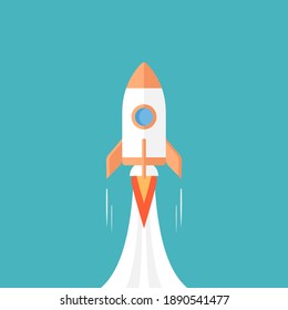 Rocket ship launching, flat rocketship startup background illustration on green background