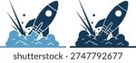 Rocket ship launching into the sky with smoke and flames vector illustration