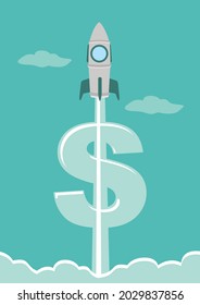 Lanzamiento de un cohete al cielo con nubes de dinero en un fondo verde. Concepto de producto comercial en un mercado. Ilustración vectorial.